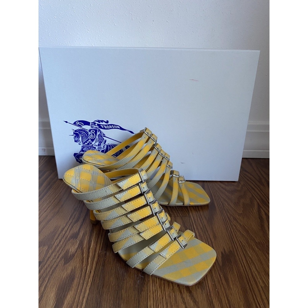 Burberry Prorsum Yellow Grey Check Multi-Strap Buckle Mules Kitten Heel 36.5